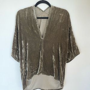 Miranda Bennett crushed shiny velvet swing top, cropped in front, longer back.